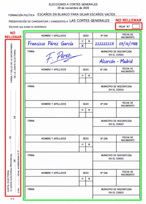 Ejemplo para rellenar la hoja de firmas